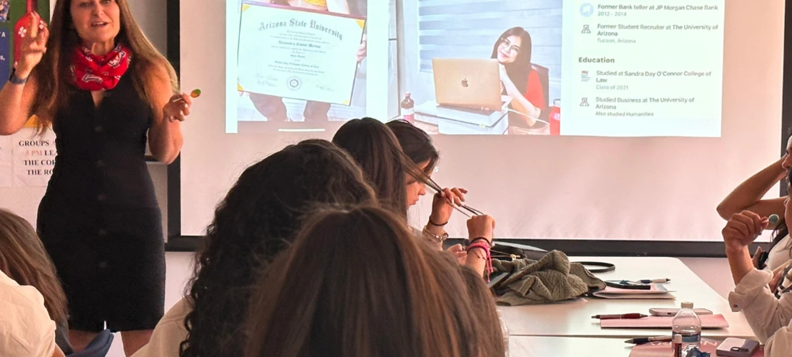 Fitch talking to students