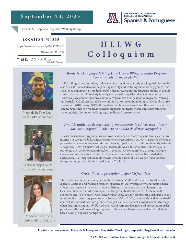 Hispanic & Lusophone Linguistics Working Group Colloquium Flyer
