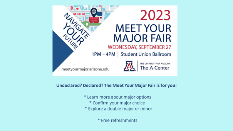 Blue poster with white on the inside that says 2023 Meet Your Major Fair in big letters. Beneath it it reads Wednesday, September 27 from 1PM-4PM in the Student Union Ballroom
