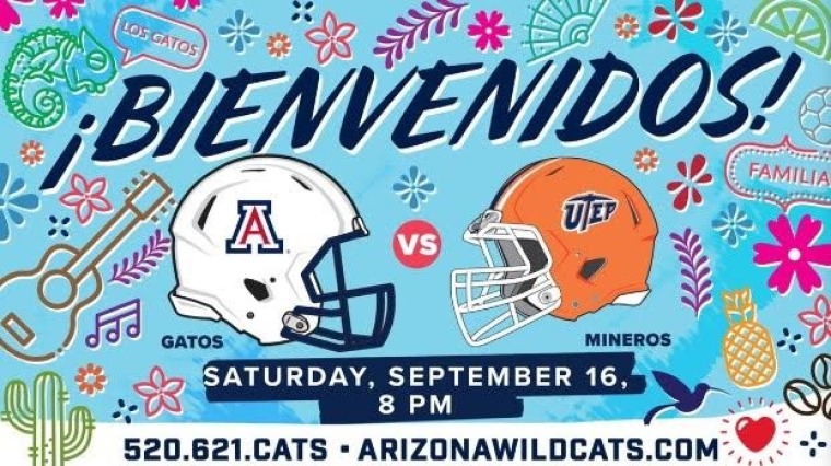 Sign that says Bienvienidos with Hispanic art surrounding the UofA and UTEP football helmets with September 16th at 8pm beneath
